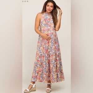 ✨ Size 1X ✨ PinkBlush Blue Floral Ruffle Mock Neck Tiered Maternity Maxi Dress